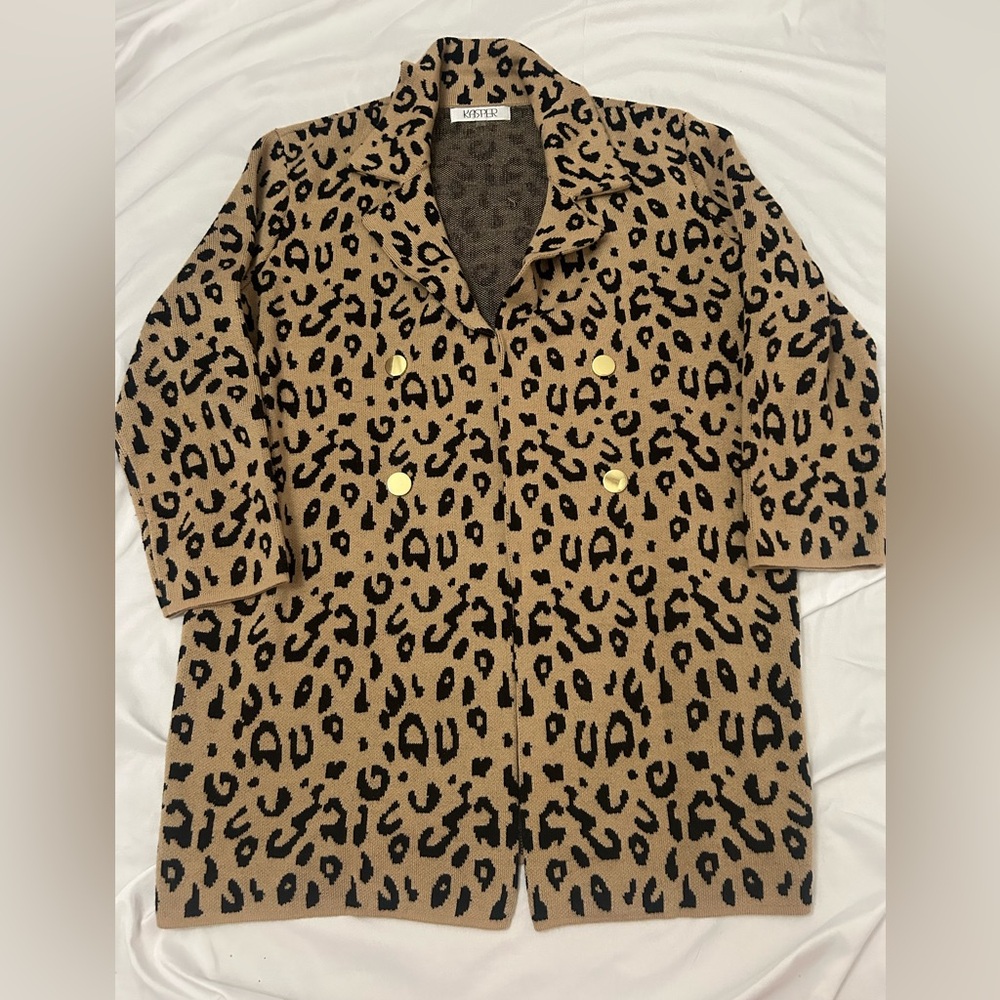 Kasper Women Beige Black Animal Print Knit Coatigan Jacket Coat Size L
